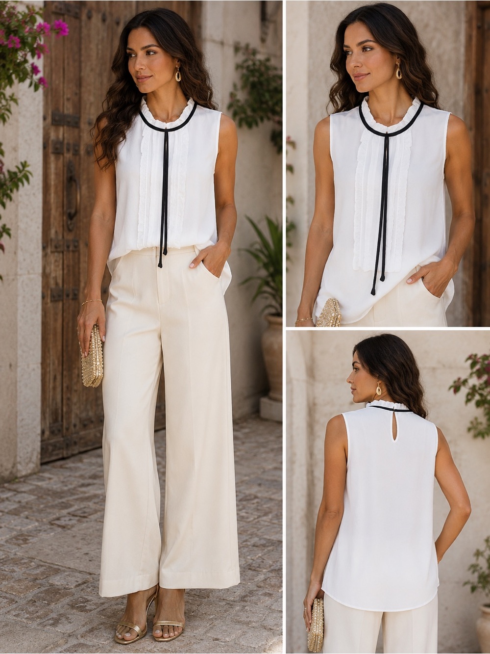 Monteau Cream Wide-Leg Pants with White Sleeveless Blouse